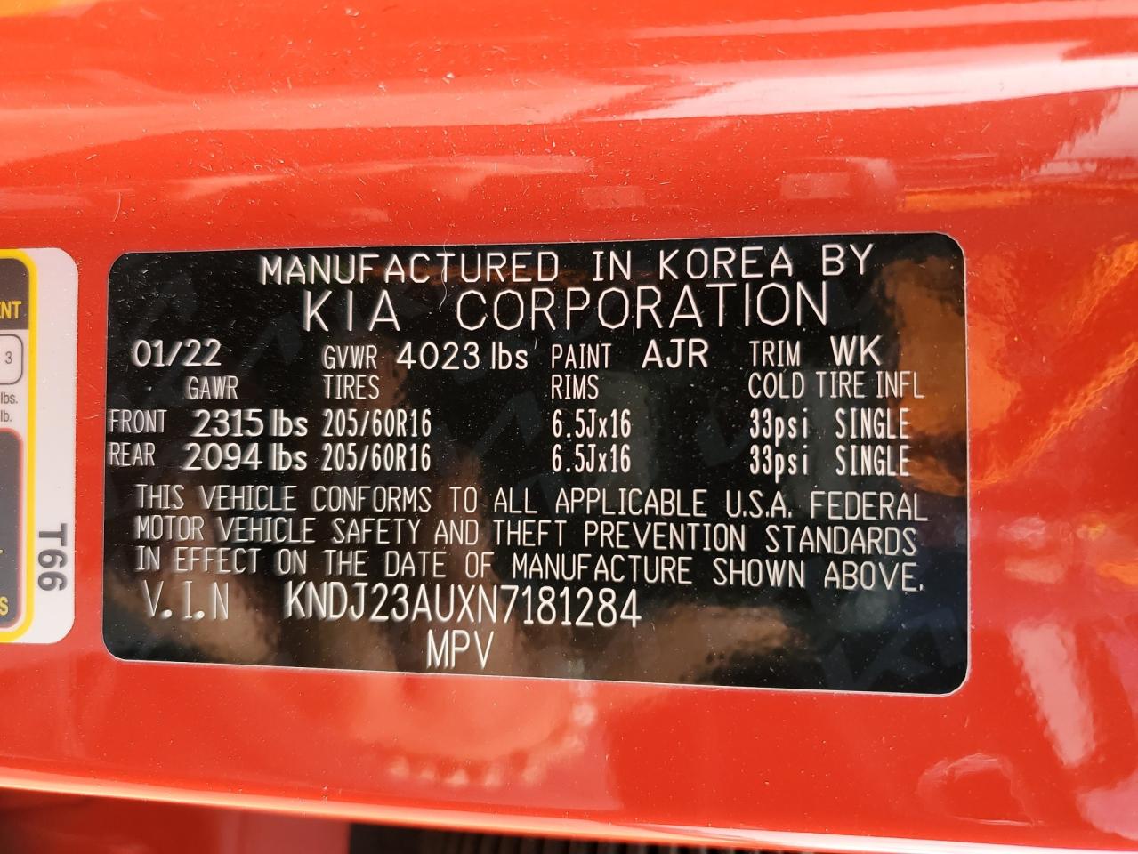 2022 KIA SOUL LX VIN:KNDJ23AUXN7181284