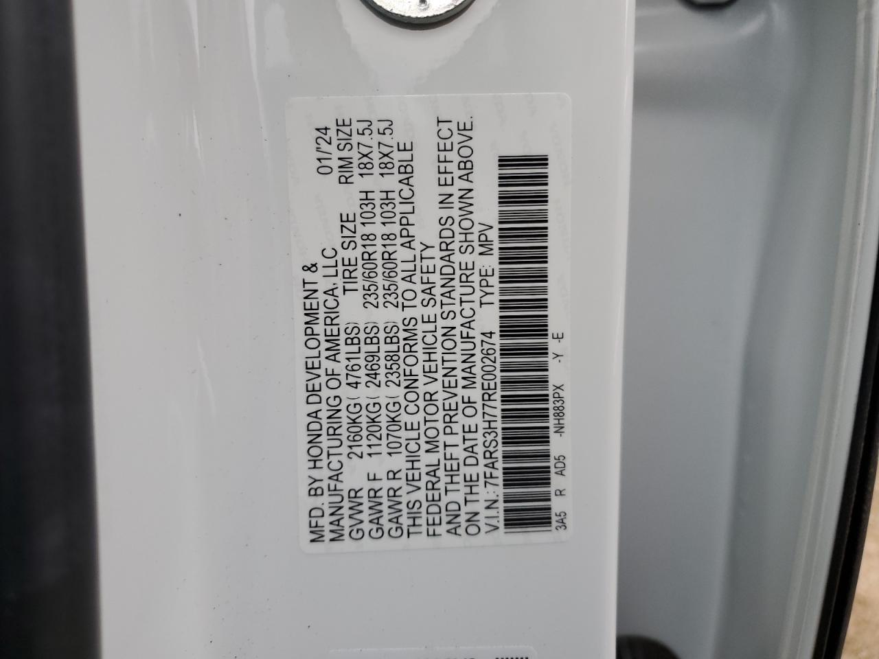 2024 HONDA CR-V EXL VIN:7FARS3H77RE002674