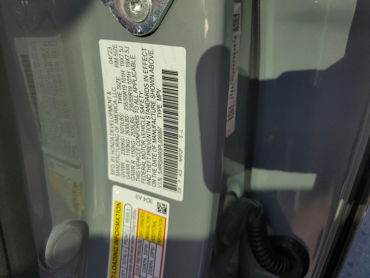 2023 HONDA CR-V SPORT TOURING VIN:5J6RS6H93PL006997