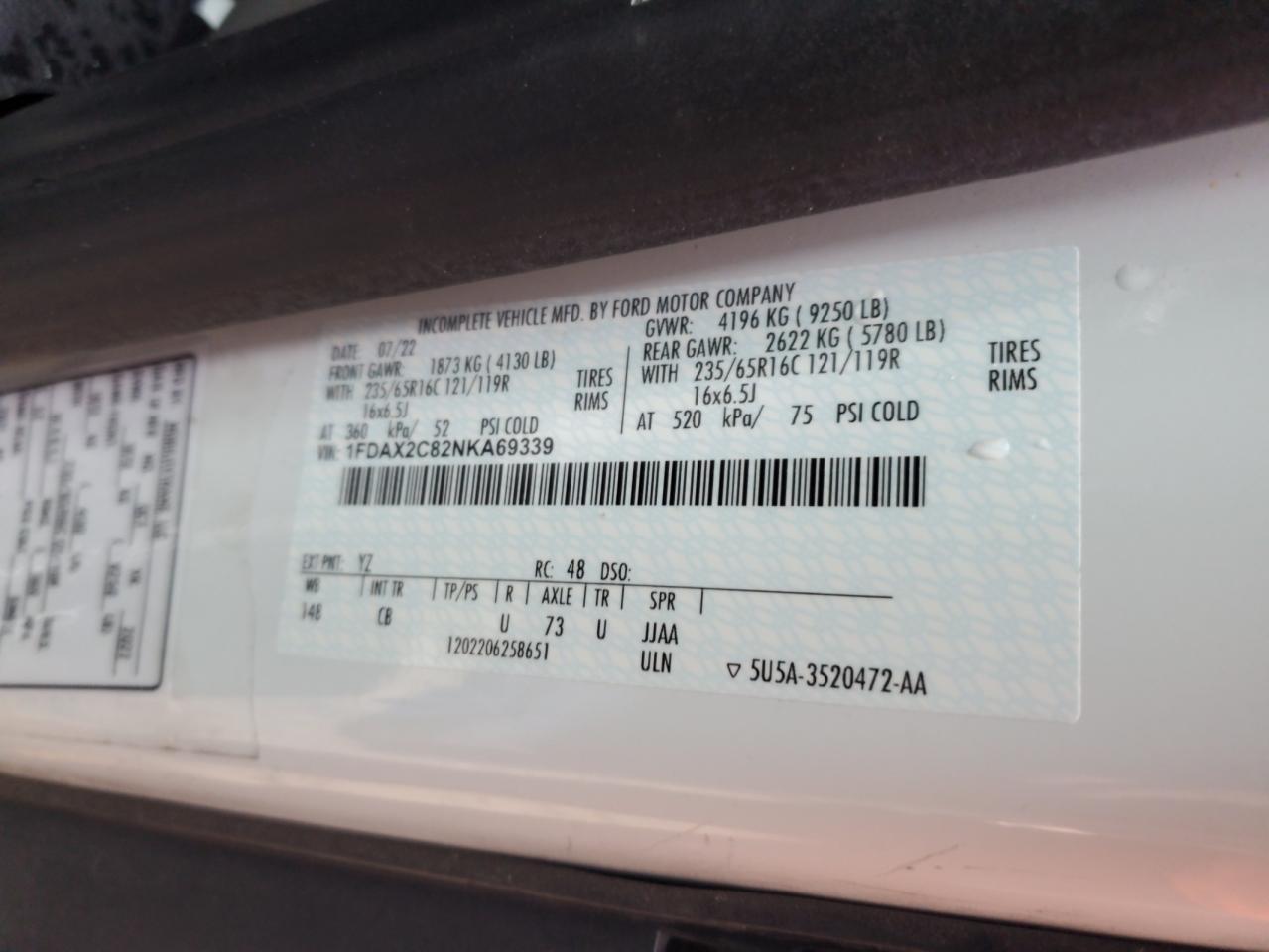 2022 FORD TRANSIT T-350 VIN:1FDAX2C82NKA69339