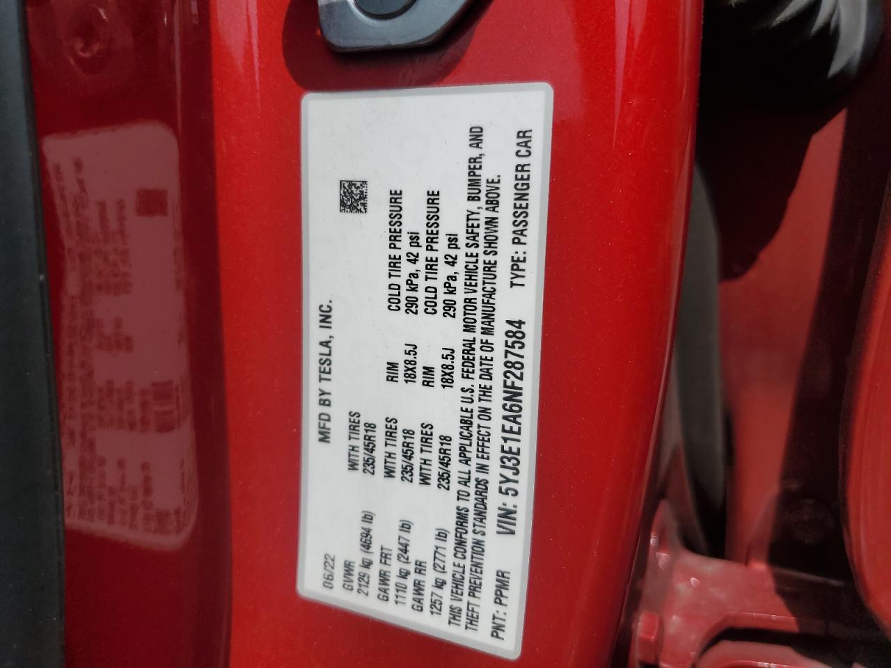 2022 TESLA MODEL 3 VIN:5YJ3E1EA6NF287584