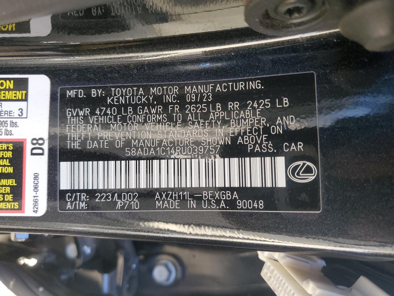 2024 LEXUS ES 300H BASE VIN:58ADA1C14RU039757