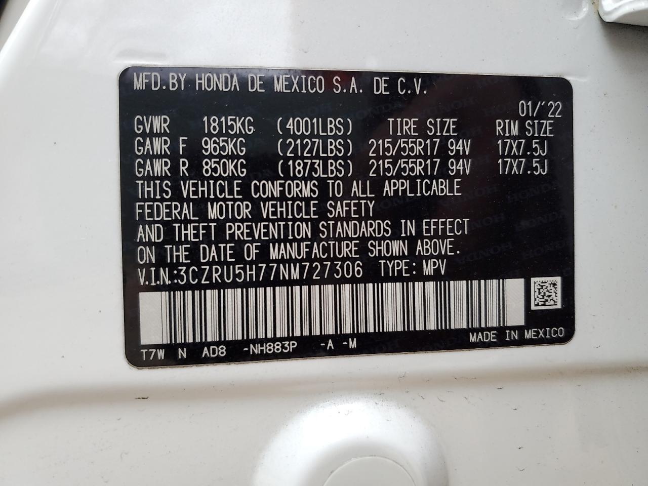 2022 HONDA HR-V EXL VIN:3CZRU5H77NM727306
