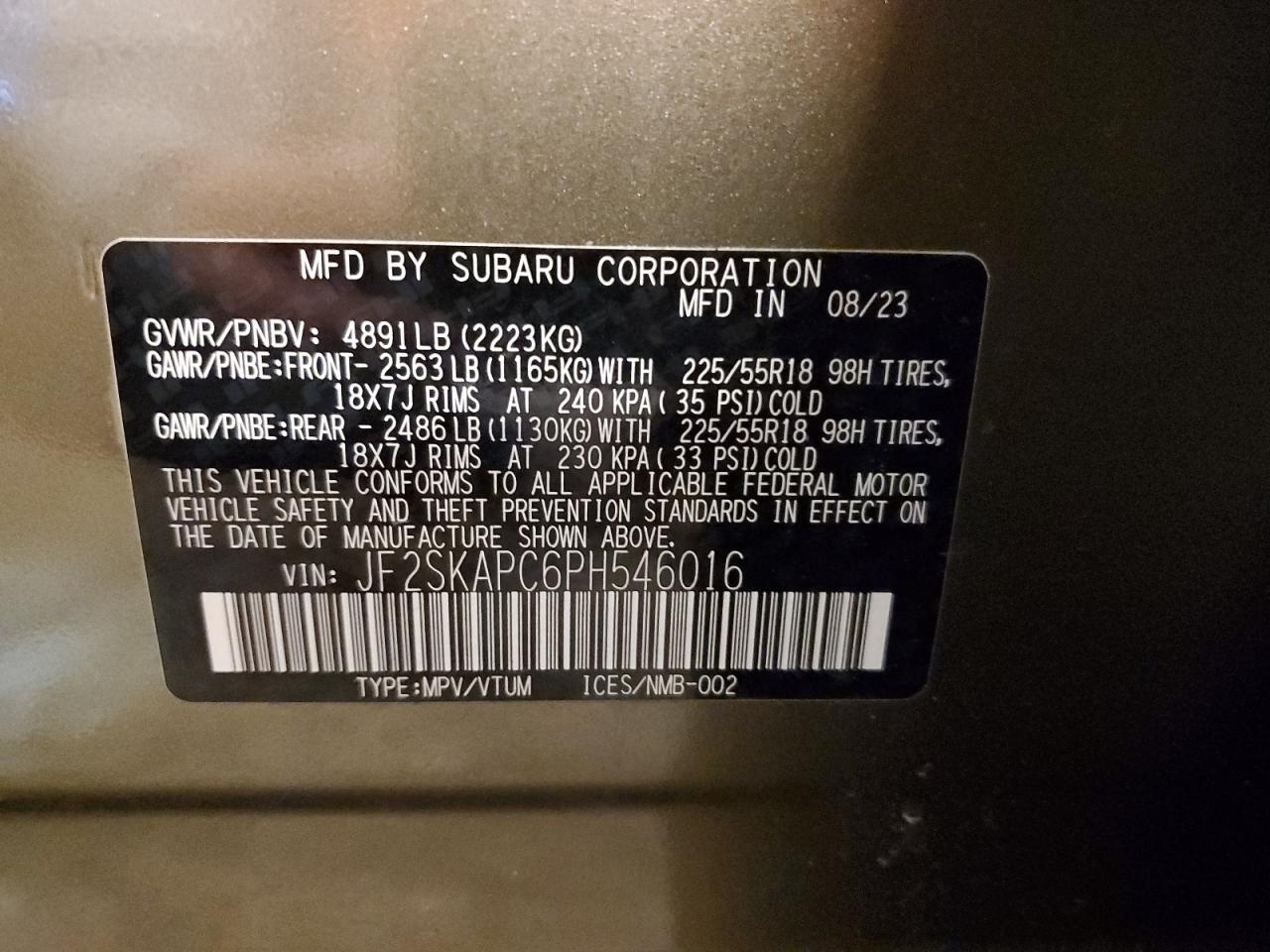 2023 SUBARU FORESTER LIMITED VIN:JF2SKAPC6PH546016