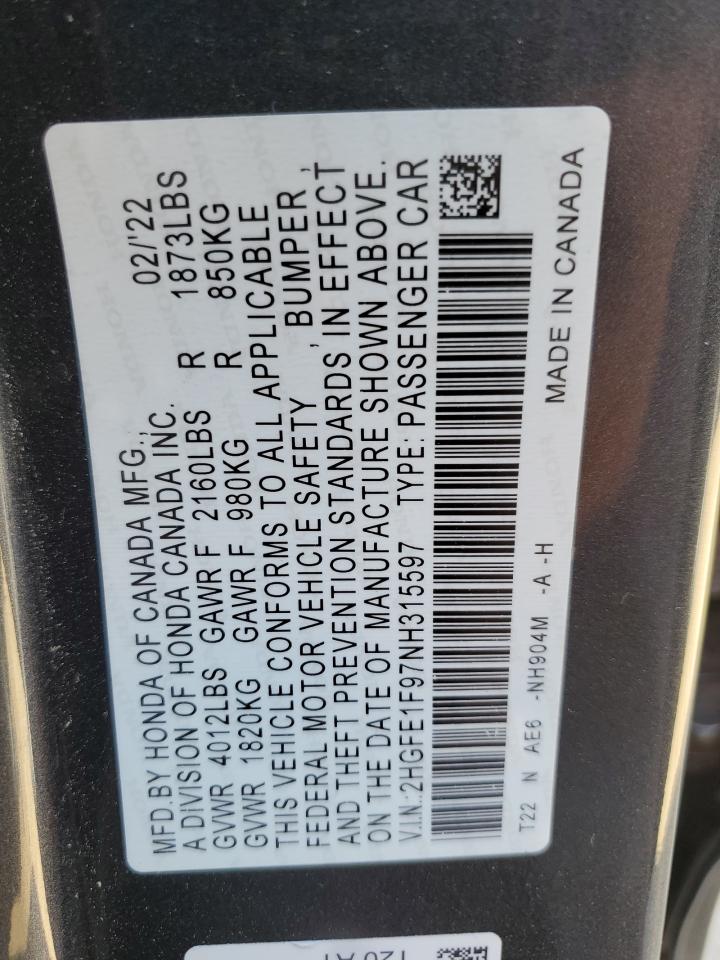 2022 HONDA CIVIC TOURING VIN:2HGFE1F97NH315597