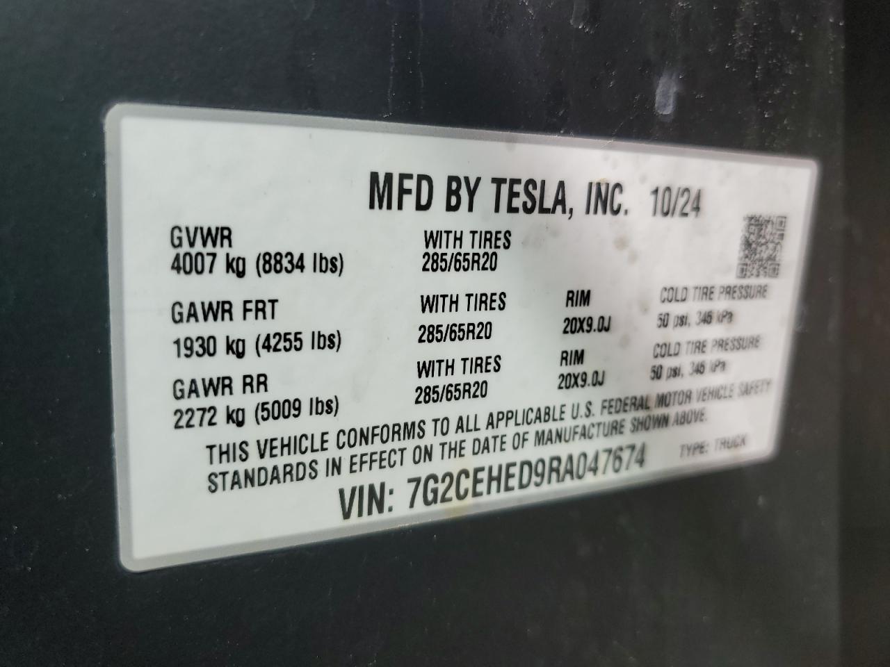 2024 TESLA CYBERTRUCK VIN:7G2CEHED9RA047674