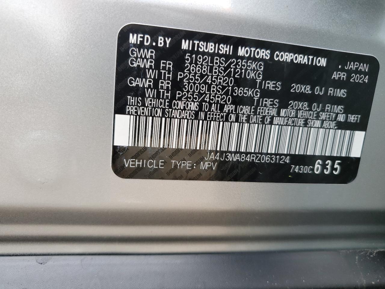 2024 MITSUBISHI OUTLANDER SEL VIN:JA4J3WA84RZ063124