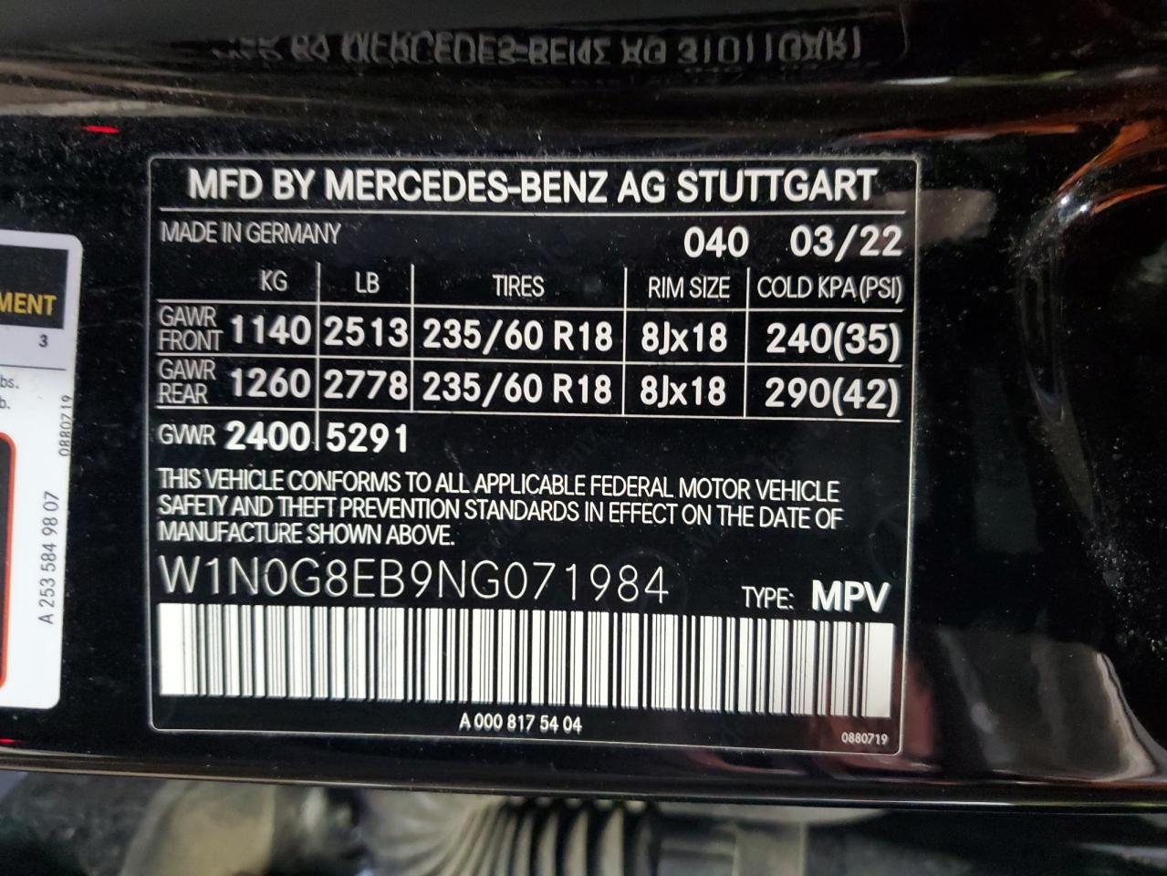 2022 MERCEDES-BENZ GLC 300 4MATIC VIN:W1N0G8EB9NG071984