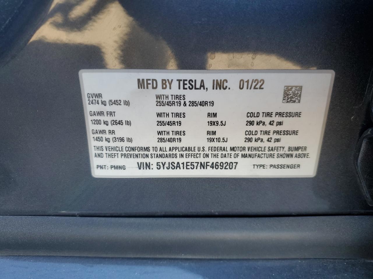2022 TESLA MODEL S VIN:5YJSA1E57NF469207