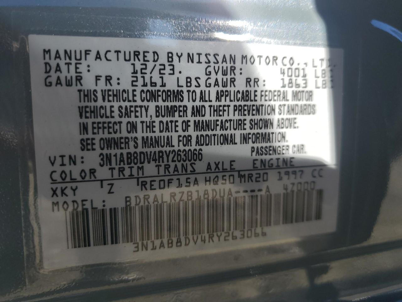 2024 NISSAN SENTRA SR VIN:3N1AB8DV4RY263066