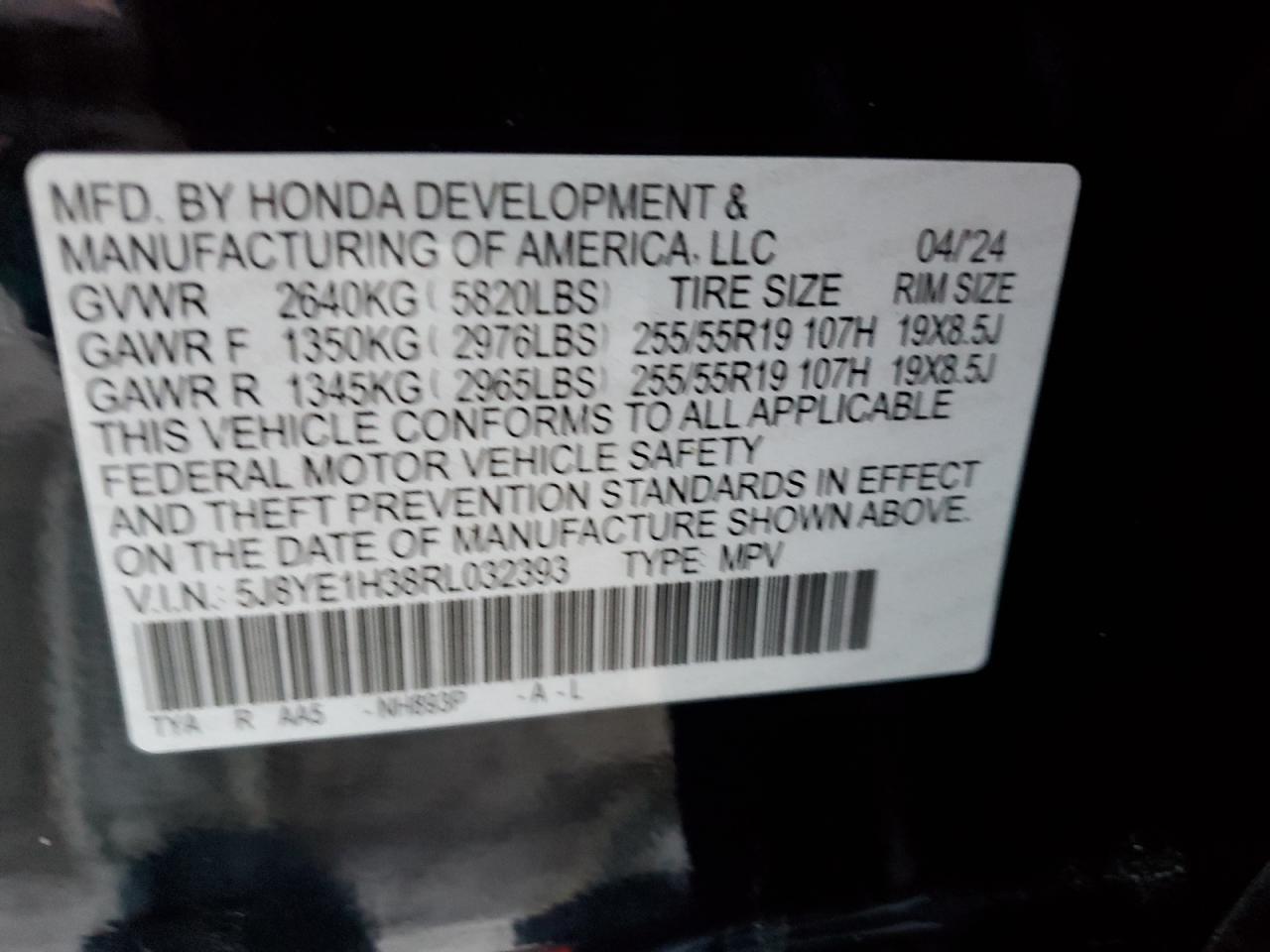 2024 ACURA MDX VIN:5J8YE1H38RL032393
