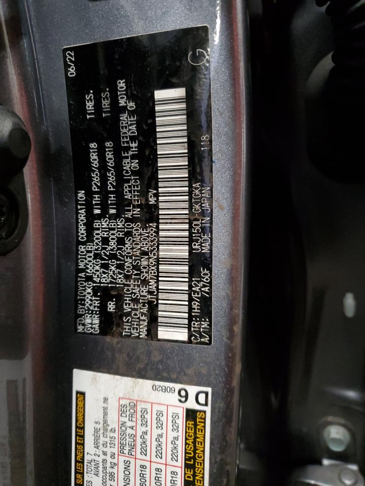 2022 LEXUS GX 460 VIN:JTJAM7BX9N5333994