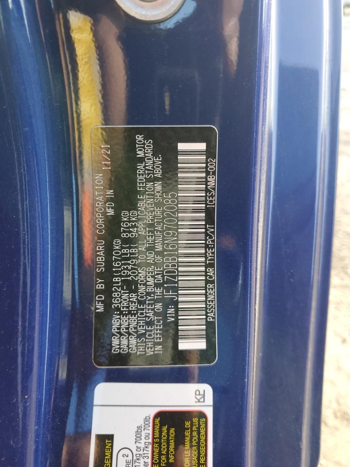 2022 SUBARU BRZ PREMIUM VIN:JF1ZDBB16N9702085