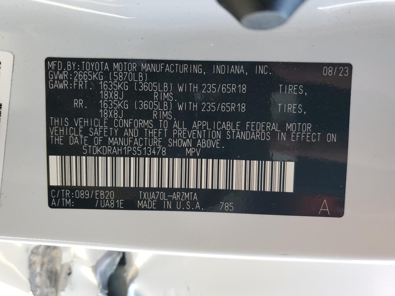 2023 TOYOTA HIGHLANDER L VIN:5TDKDRAH1PS513478