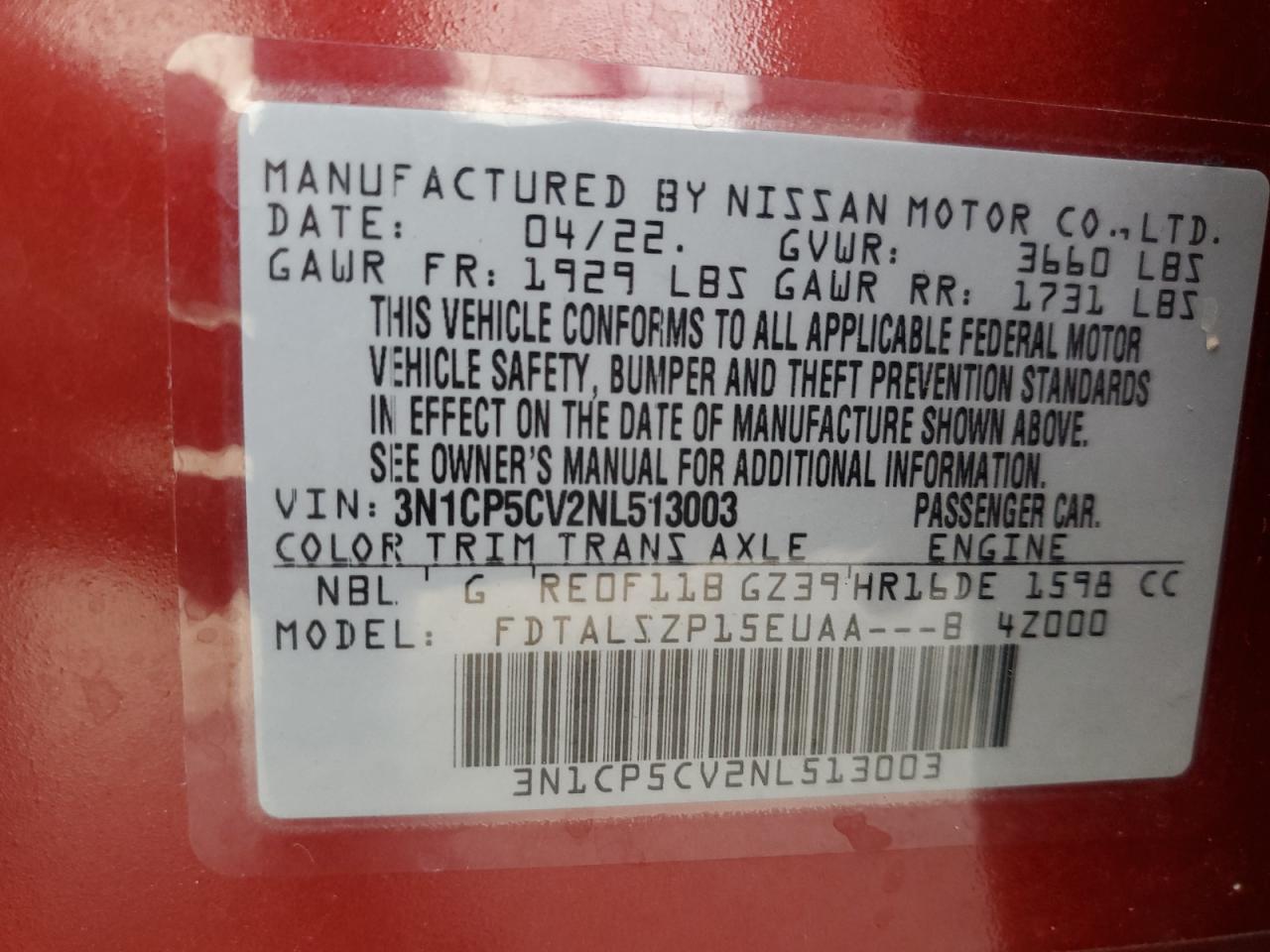 2022 NISSAN KICKS SV VIN:3N1CP5CV2NL513003
