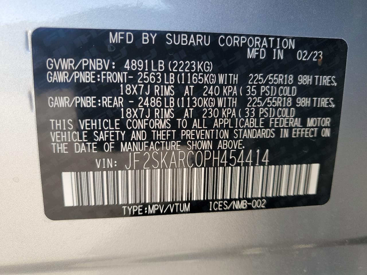 2023 SUBARU FORESTER TOURING VIN:JF2SKARC0PH454414