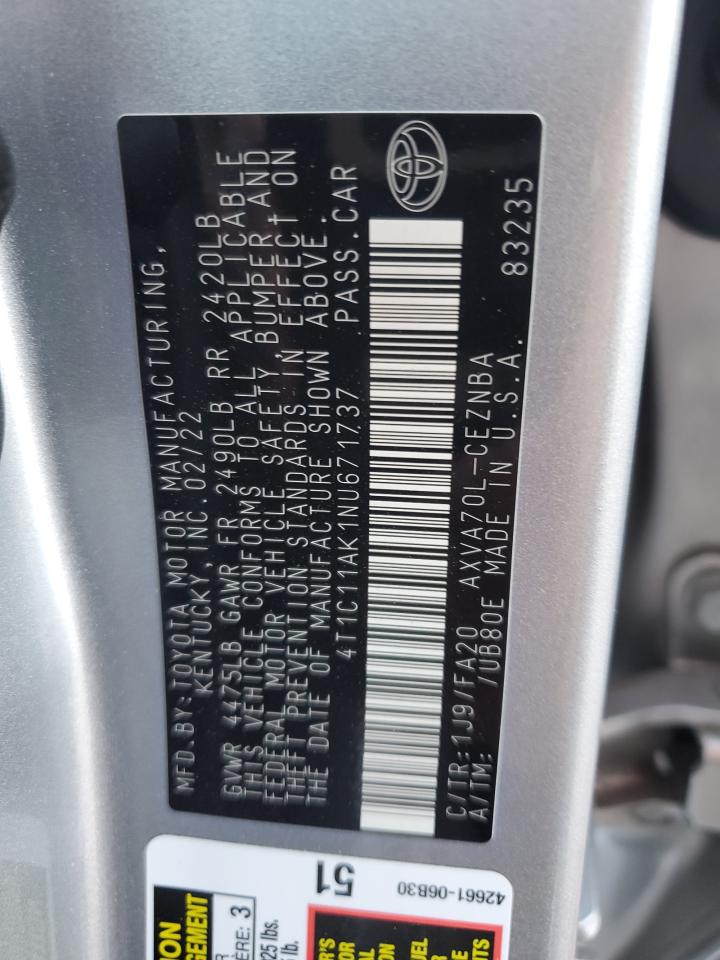 2022 TOYOTA CAMRY LE VIN:4T1C11AK1NU671737