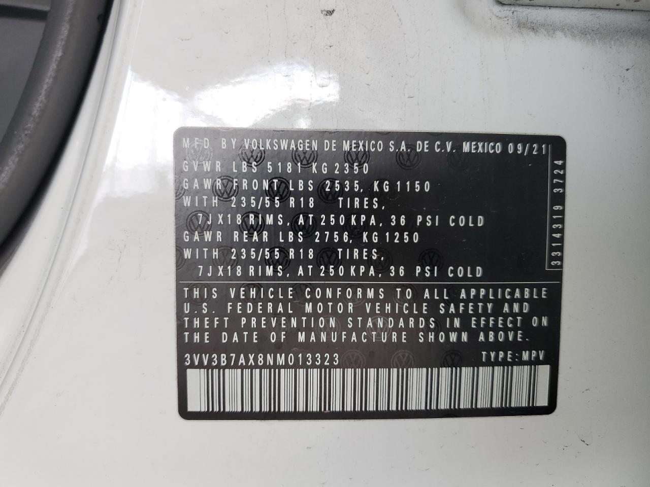 2022 VOLKSWAGEN TIGUAN SE VIN:3VV3B7AX8NM013323