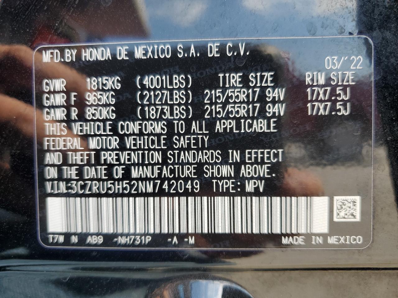 2022 HONDA HR-V EX VIN:3CZRU5H52NM742049