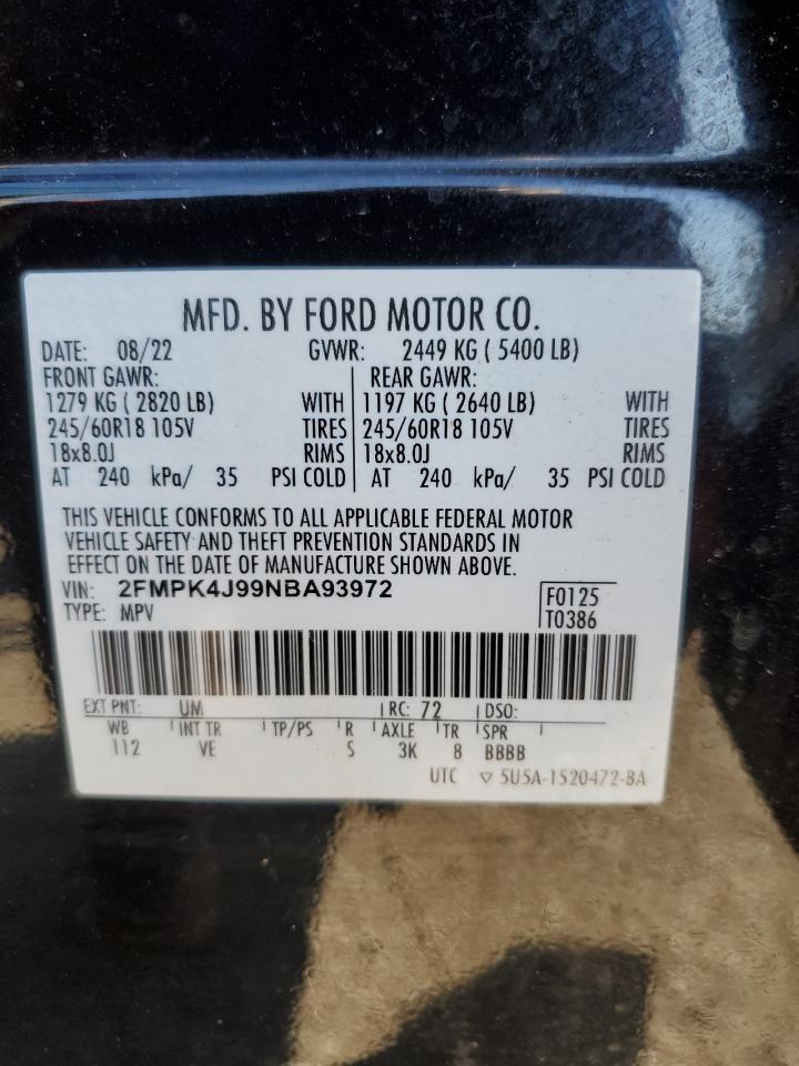 2022 FORD EDGE SEL VIN:2FMPK4J99NBA93972