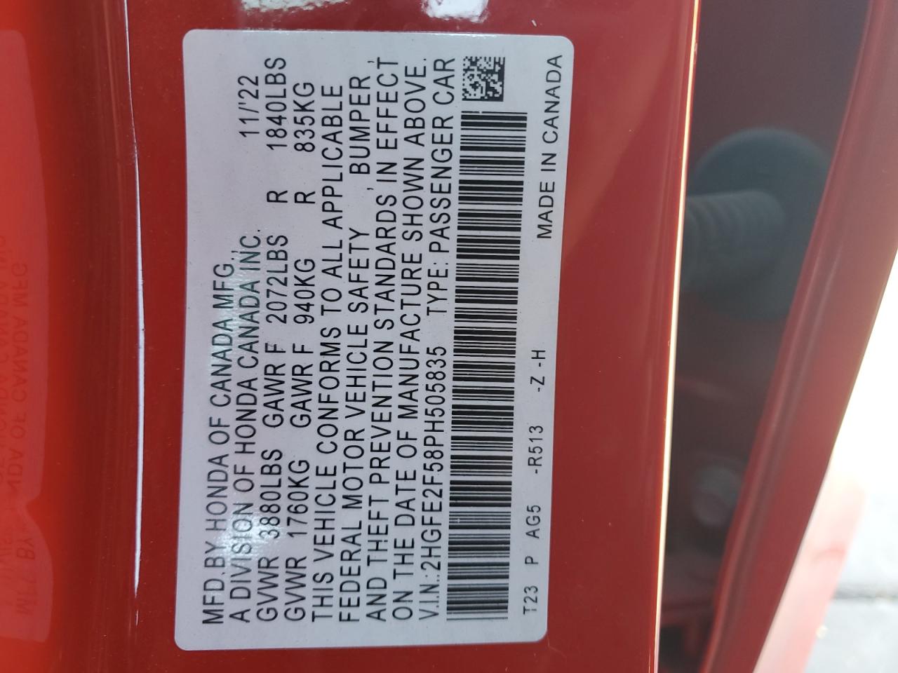 2023 HONDA CIVIC SPORT VIN:2HGFE2F58PH505835