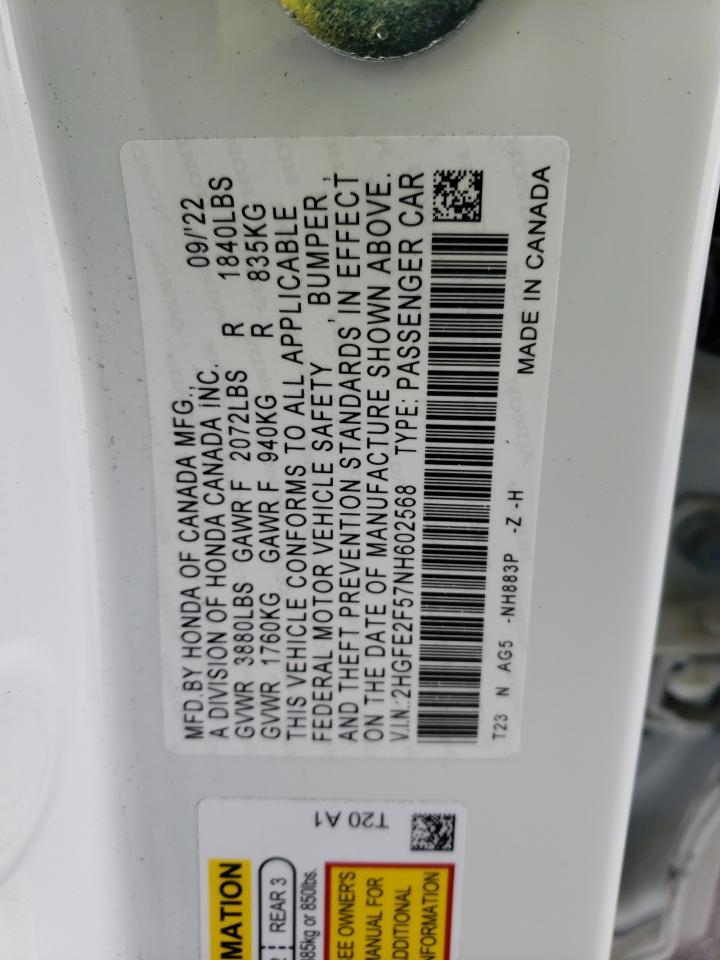 2022 HONDA CIVIC SPORT VIN:2HGFE2F57NH602568