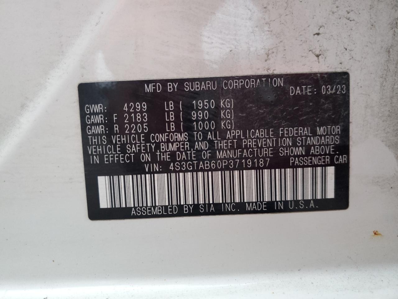 2023 SUBARU IMPREZA VIN:4S3GTAB60P3719187