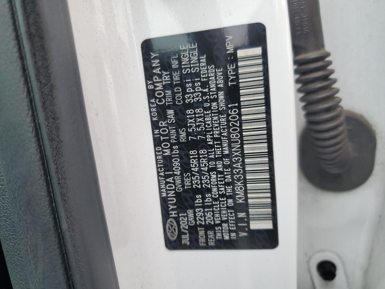 2022 HYUNDAI KONA N LINE VIN:KM8K33A3XNU802061