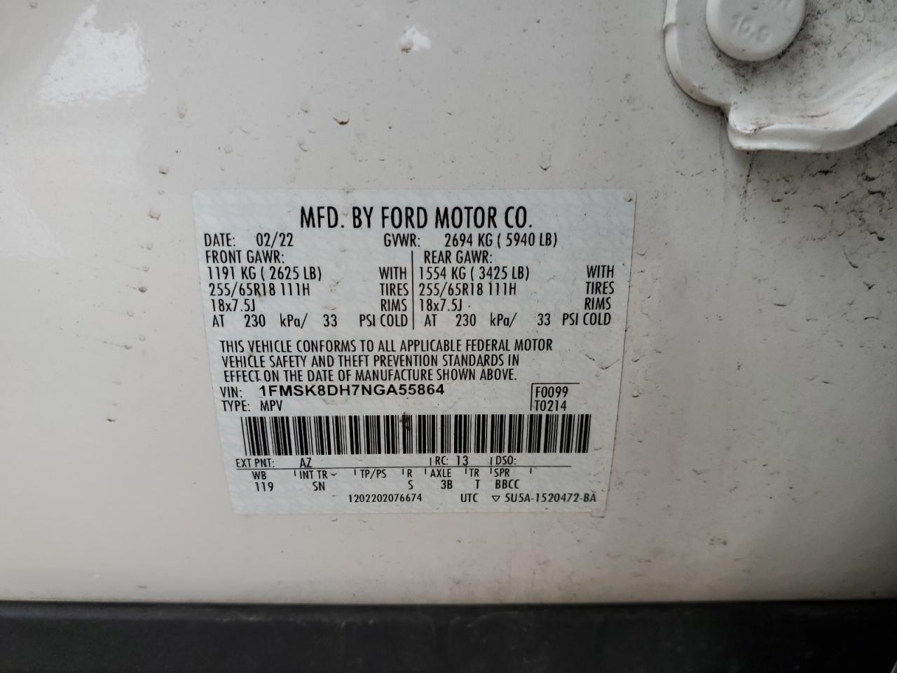 2022 FORD EXPLORER XLT VIN:1FMSK8DH7NGA55864