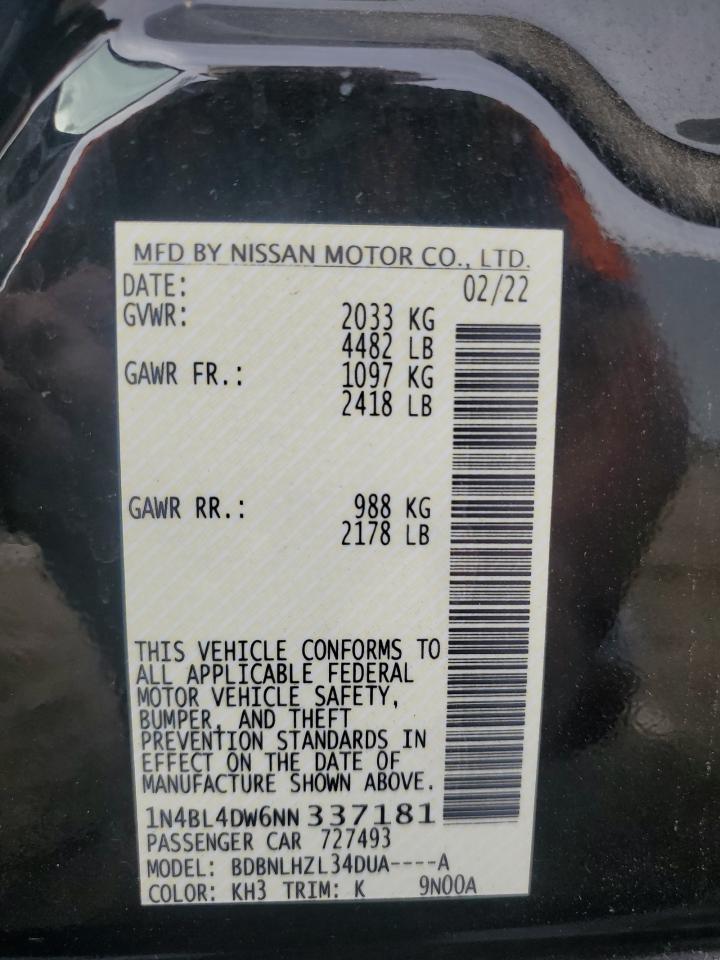 2022 NISSAN ALTIMA SV VIN:1N4BL4DW6NN337181