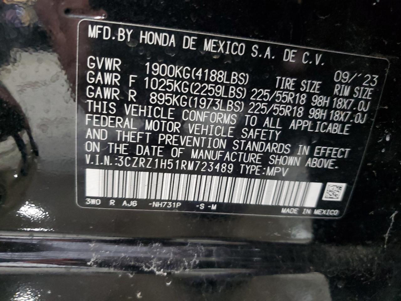 2024 HONDA HR-V SPORT VIN:3CZRZ1H51RM723489