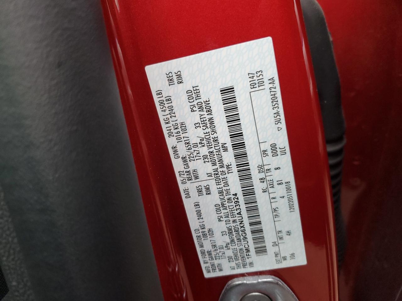 2022 FORD ESCAPE SE VIN:1FMCU9G6XNUA33924