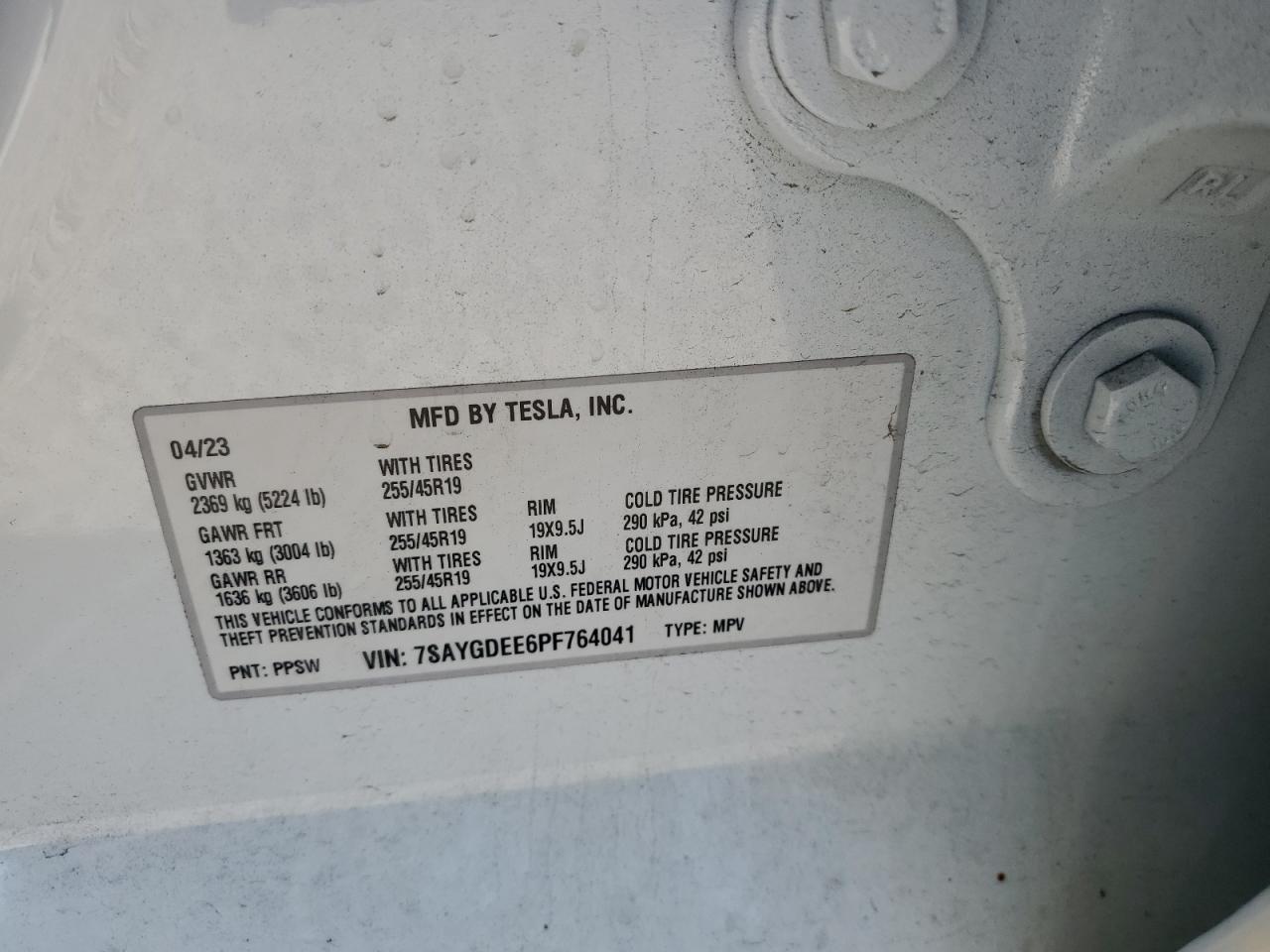 2023 TESLA MODEL Y VIN:7SAYGDEE6PF764041