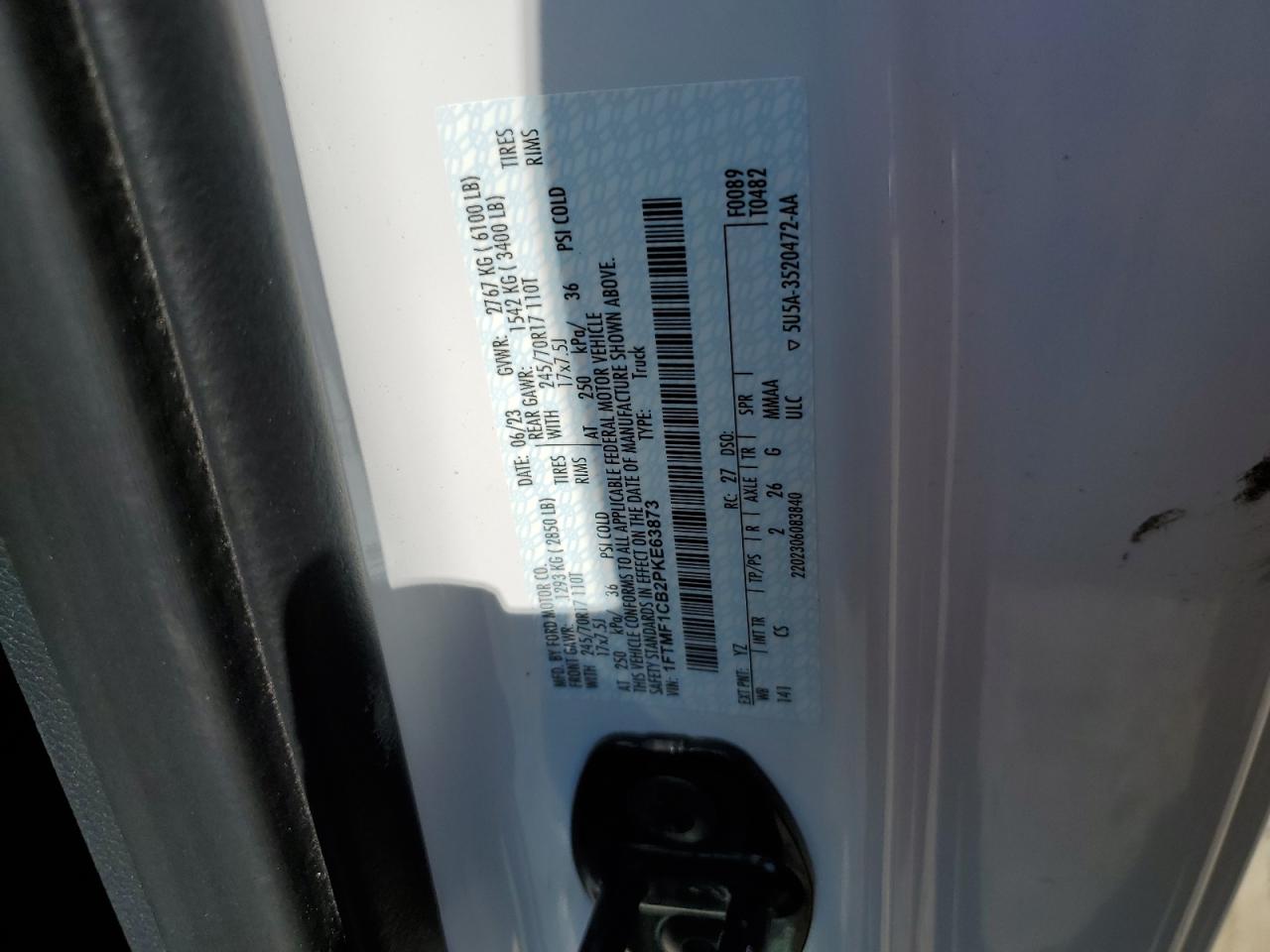 2023 FORD F150 VIN:1FTMF1CB2PKE63873