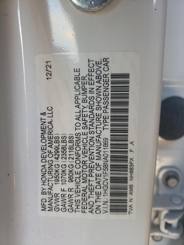 2022 HONDA ACCORD EXL VIN:1HGCV1F58NA011869