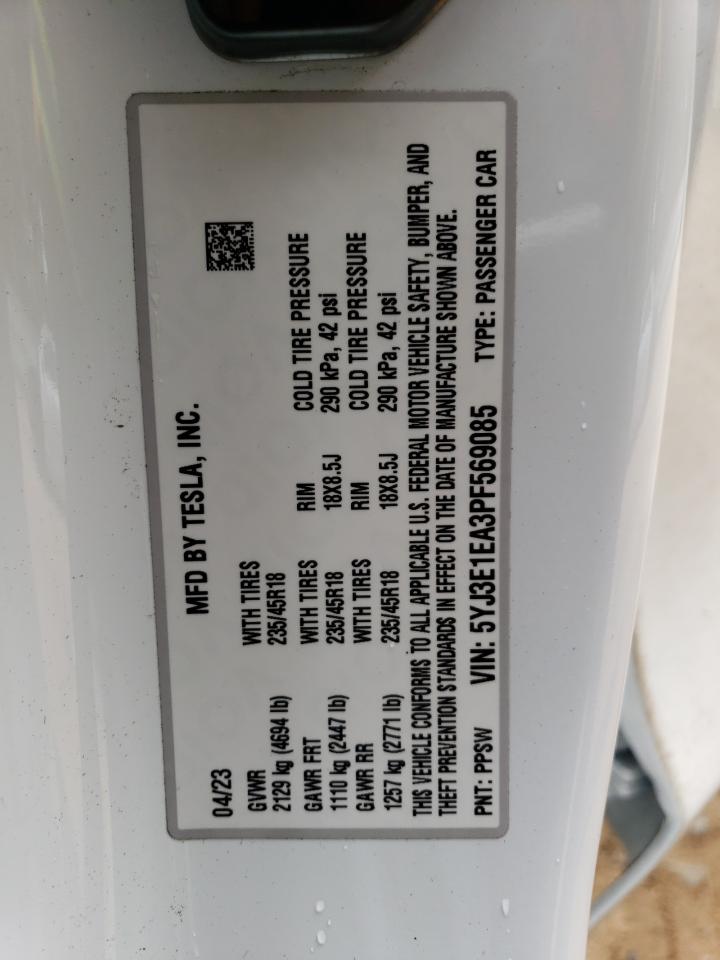 2023 TESLA MODEL 3 VIN:5YJ3E1EA3PF569085