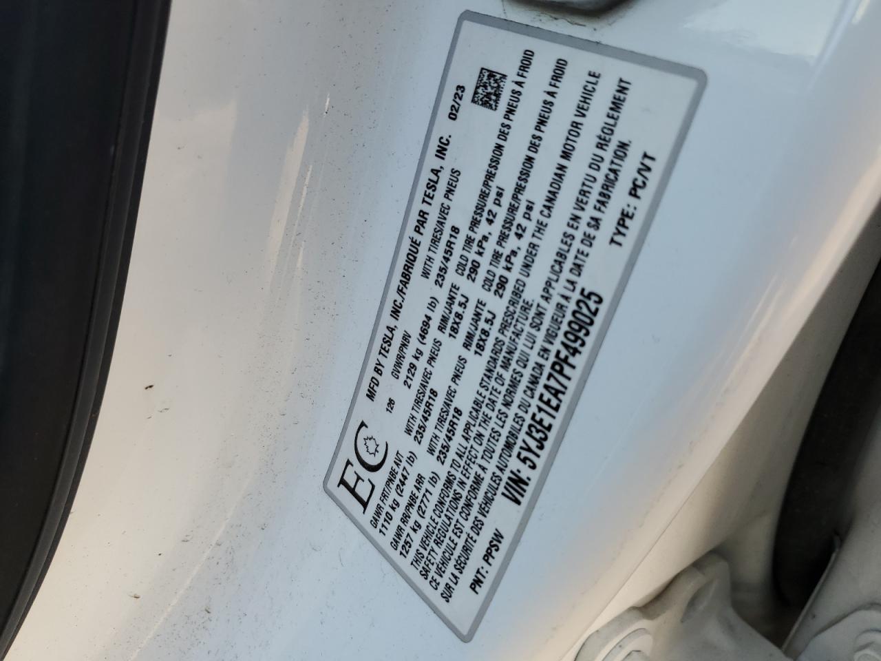 2023 TESLA MODEL 3 VIN:5YJ3E1EA7PF499025