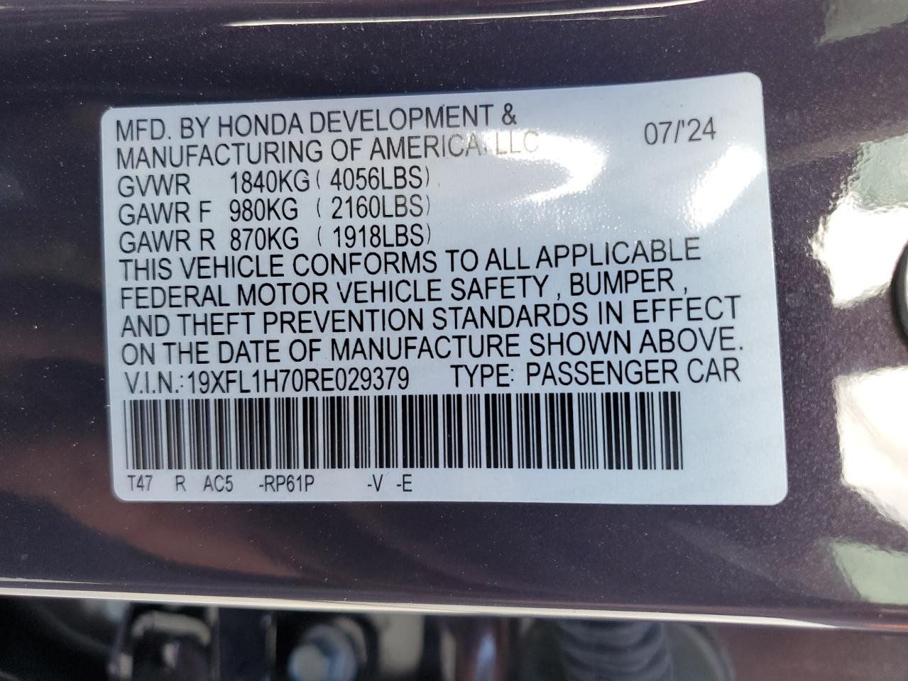 2024 HONDA CIVIC EXL VIN:19XFL1H70RE029379