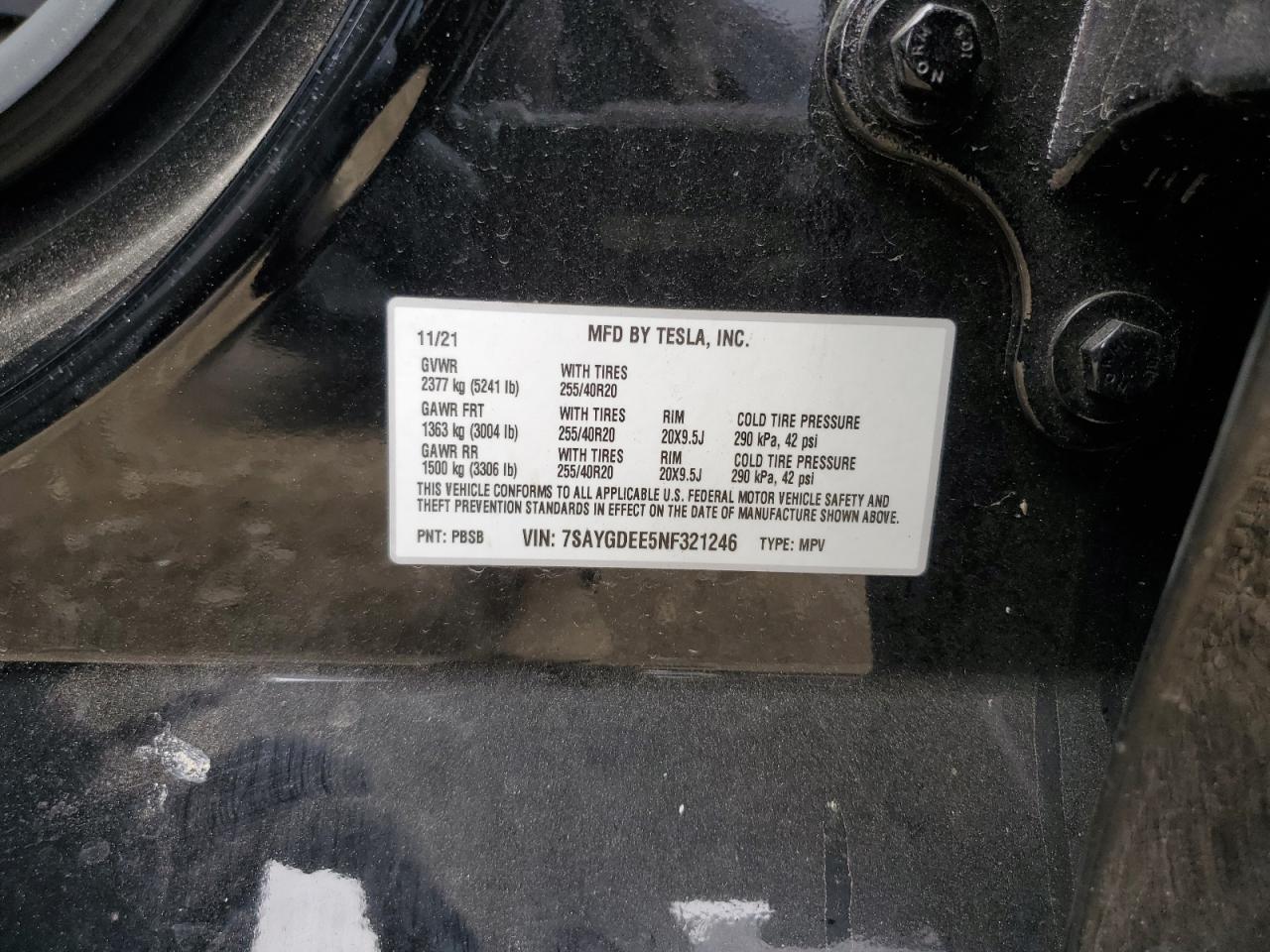 2022 TESLA MODEL Y VIN:7SAYGDEE5NF321246