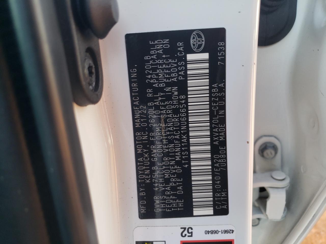 2022 TOYOTA CAMRY NIGHT SHADE VIN:4T1S11AK1NU666548