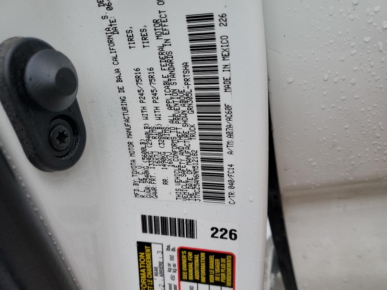 2022 TOYOTA TACOMA DOUBLE CAB VIN:3TMCZ5AN6NM512182