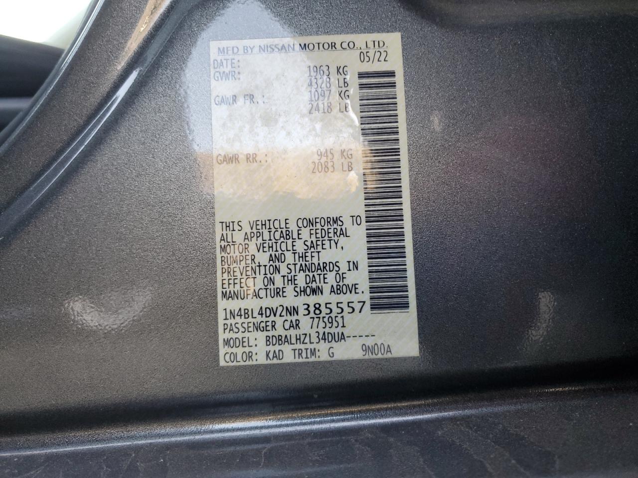 2022 NISSAN ALTIMA SV VIN:1N4BL4DV2NN385557