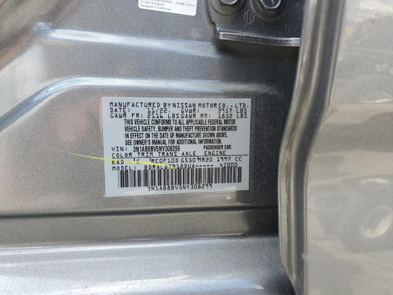 2022 NISSAN SENTRA S VIN:3N1AB8BV5NY308299