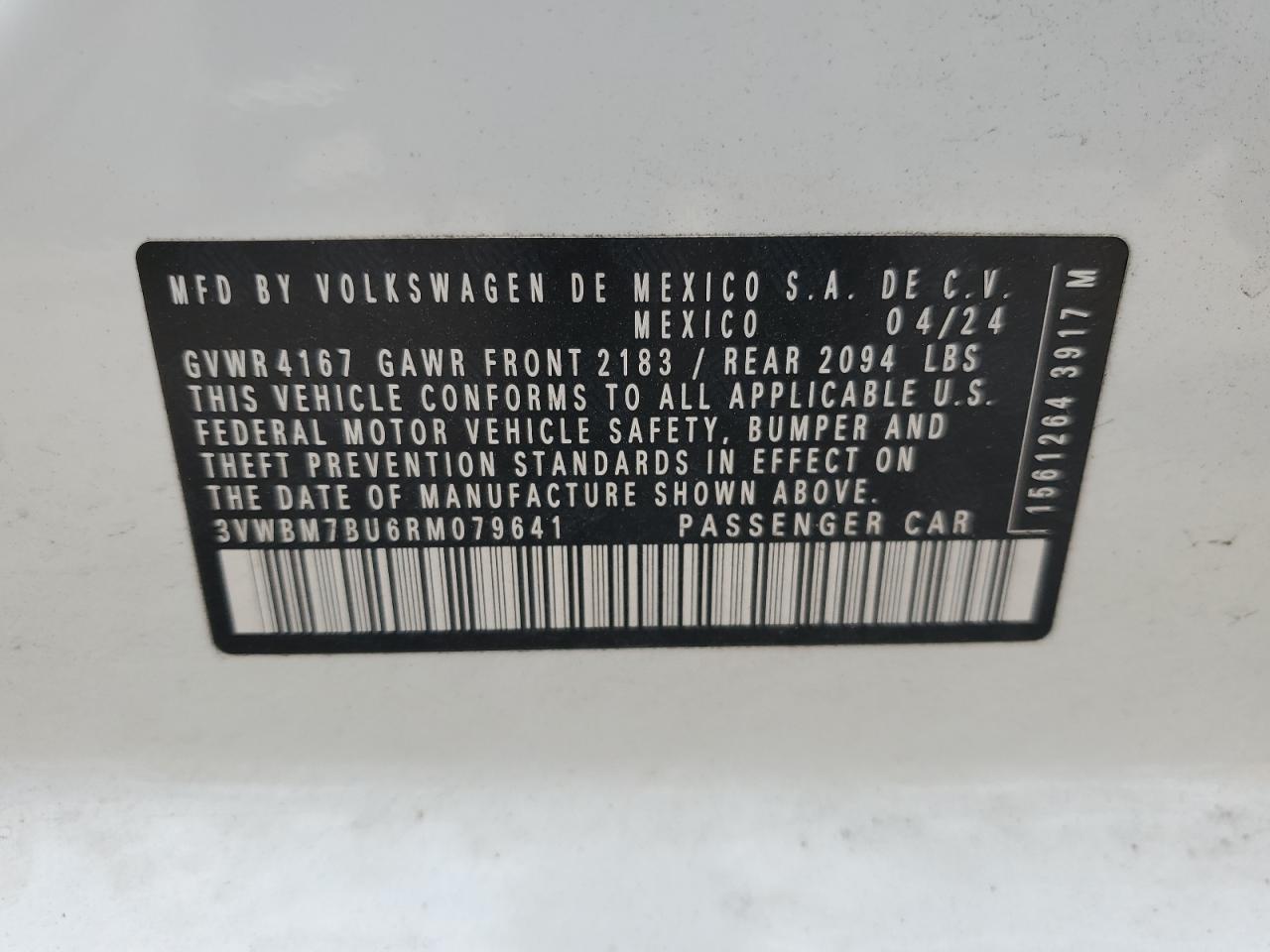 2024 VOLKSWAGEN JETTA SPORT VIN:3VWBM7BU6RM079641