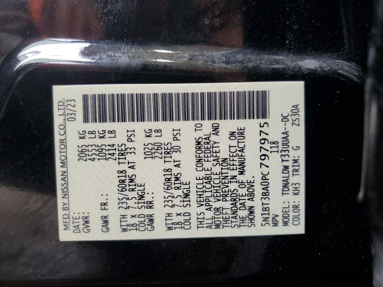 2023 NISSAN ROGUE SV VIN:5N1BT3BA0PC797975