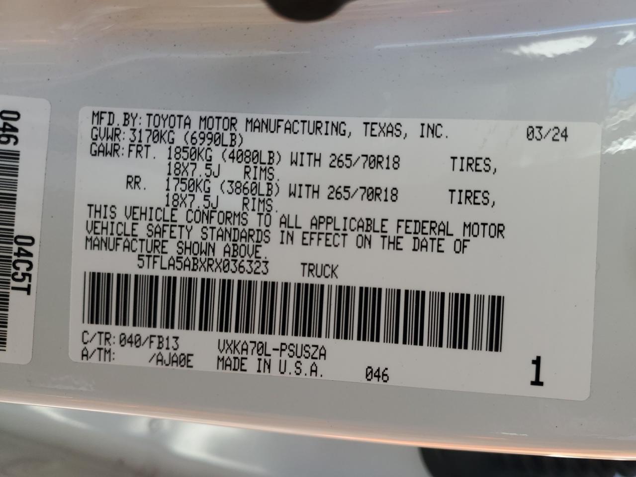 2024 TOYOTA TUNDRA CREWMAX SR VIN:5TFLA5ABXRX036323