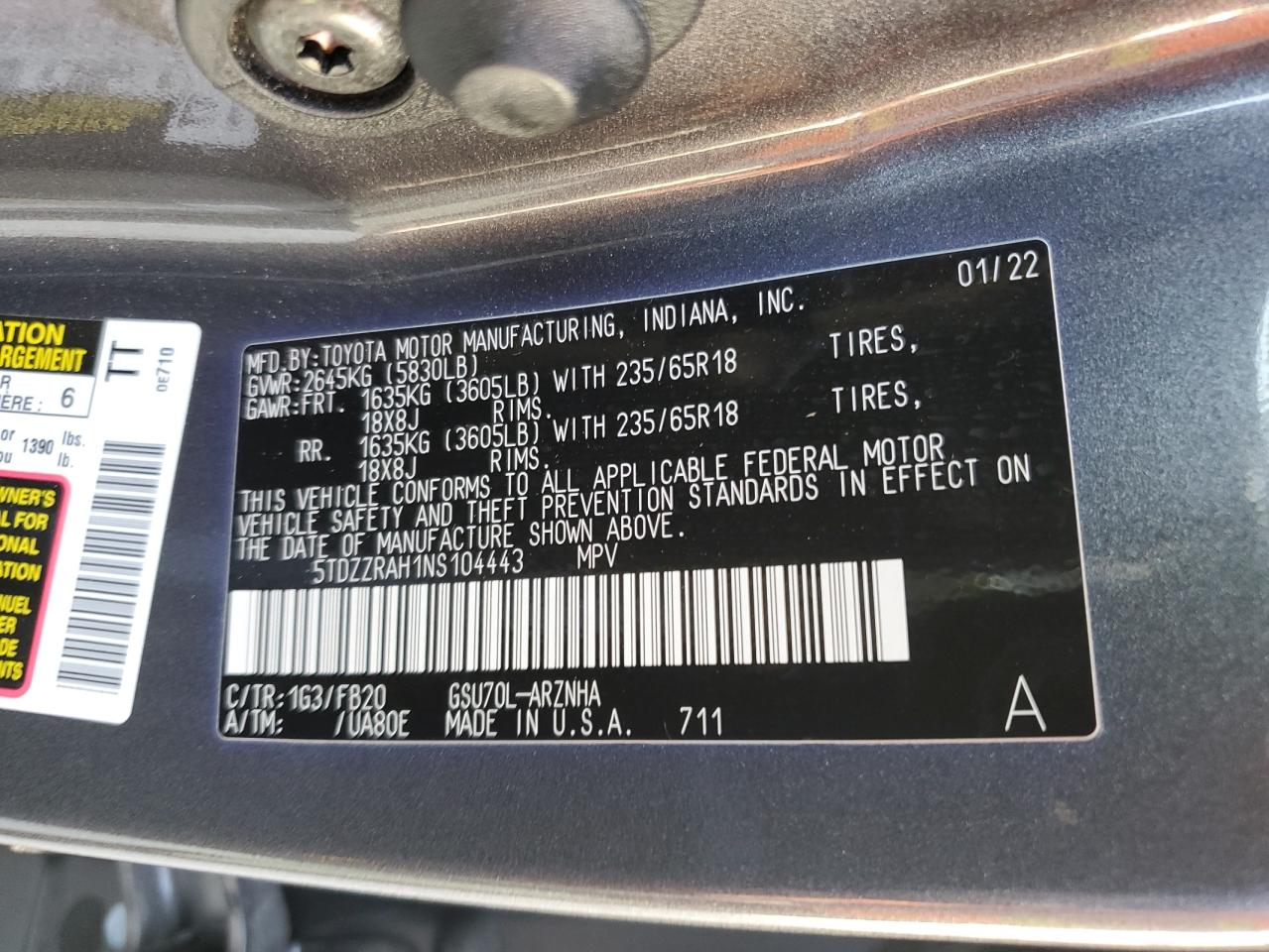 2022 TOYOTA HIGHLANDER L VIN:5TDZZRAH1NS104443