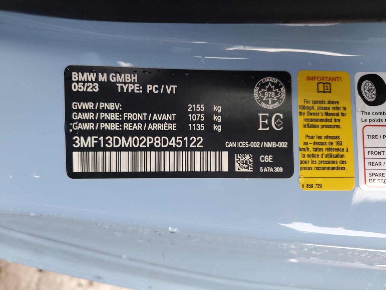 2023 BMW M2 VIN:3MF13DM02P8D45122