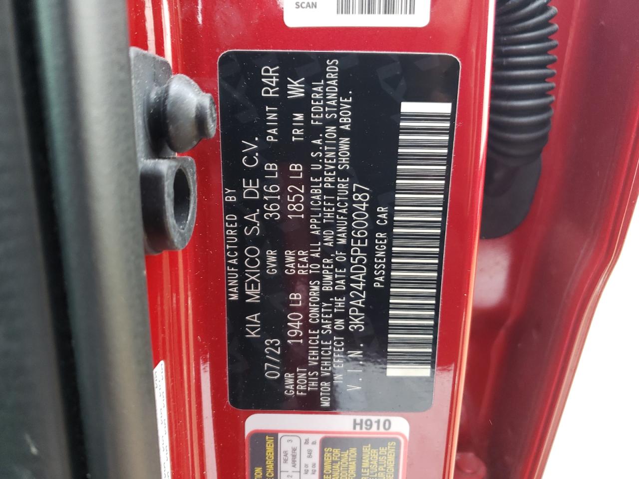 2023 KIA RIO LX VIN:3KPA24AD5PE600487