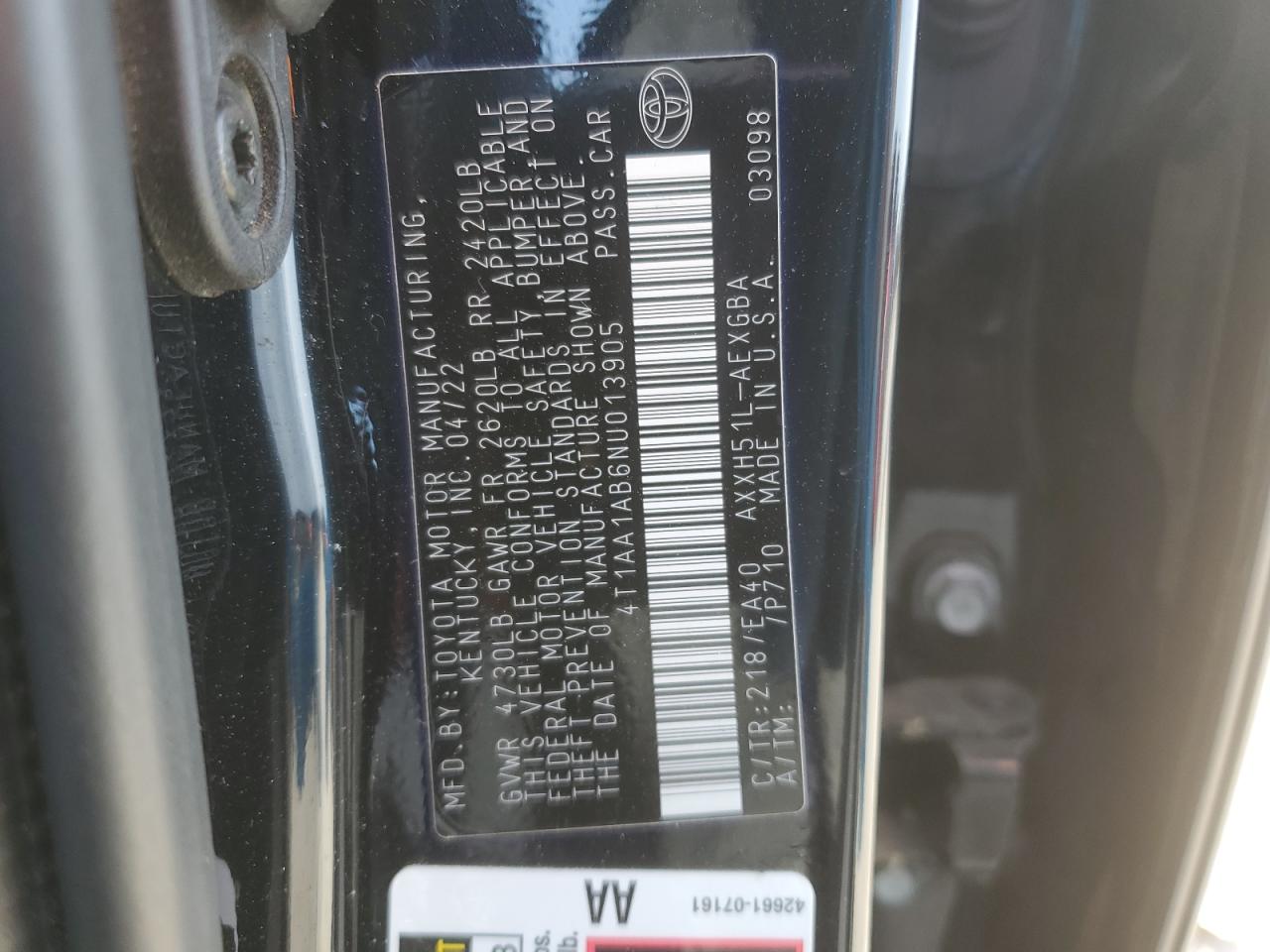 2022 TOYOTA AVALON XLE VIN:4T1AA1AB6NU013905